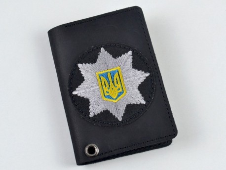 Обкладинка на посвідчення Національна поліція України шкіра чорна з вишитою емблемою